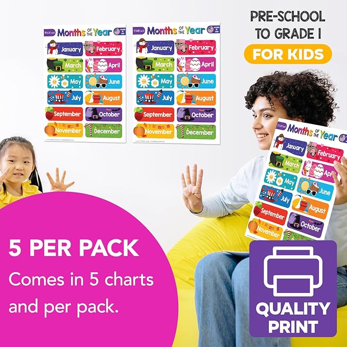 12 Months of the Year Chart for Preschool to Grade 1 Kids – Colorful Educational Visual/Learning Aid Poster Decoration for Classroom or Home | Glossy Durable Cardstock | 8.5" x 11" | 5 per Pack