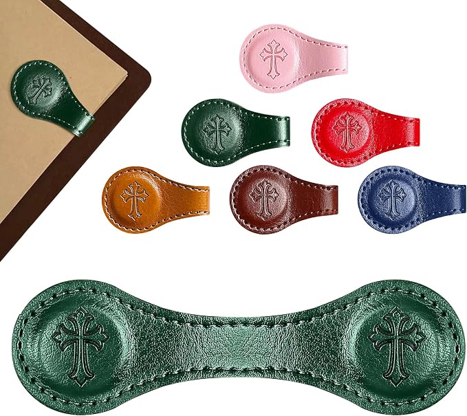 Leather Magnetic Bookmarks, 3D Embossed Alphabet Initial Letter Bookmark, Cute Page Markers for Books, Journals, Planners, Bible, Small Reading Gifts for Women Men, Teachers, Students (Green Cross)