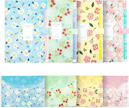 Flower Design Expanding File Folders, 8 Pocket, 4 Pack, A4 Letter Size, Poly Material, 12.8 x 9.3 in