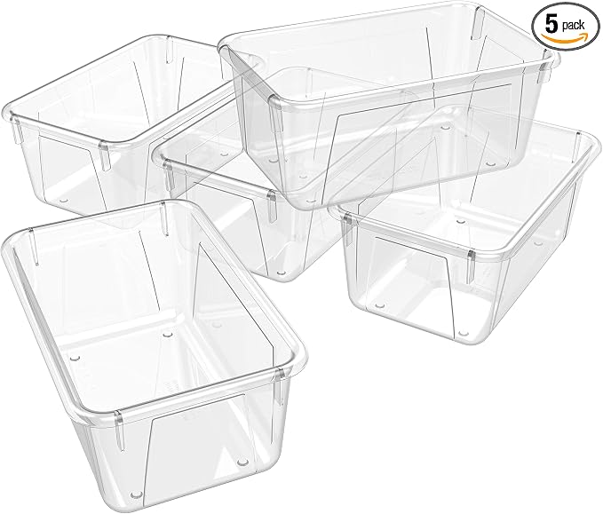 Storex Small Cubby Bins – Plastic Storage Containers for Classroom, 12.2 x 7.8 x 5.1 inches, Clear, 5-Pack (62464A05C)