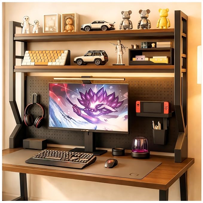 Desktop Hutch Bookshelf,Many Gifts,Metal Desktop Bookcase with pegboard, Desk Shelf Brown, Countertop Storage Organizer Rack for Dorm or Office,Desktop Shelves (Natural+Black, 45.3" Lx9.9 Wx39 H)