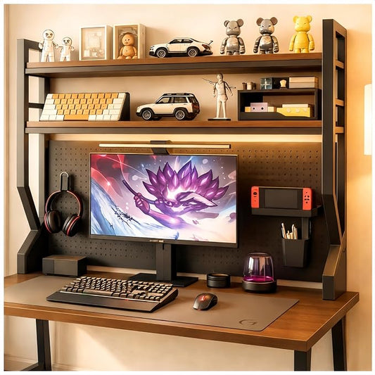 Desktop Hutch Bookshelf,Many Gifts,Metal Desktop Bookcase with pegboard, Desk Shelf Brown, Countertop Storage Organizer Rack for Dorm or Office,Desktop Shelves (Natural+Black, 45.3" Lx9.9 Wx39 H)