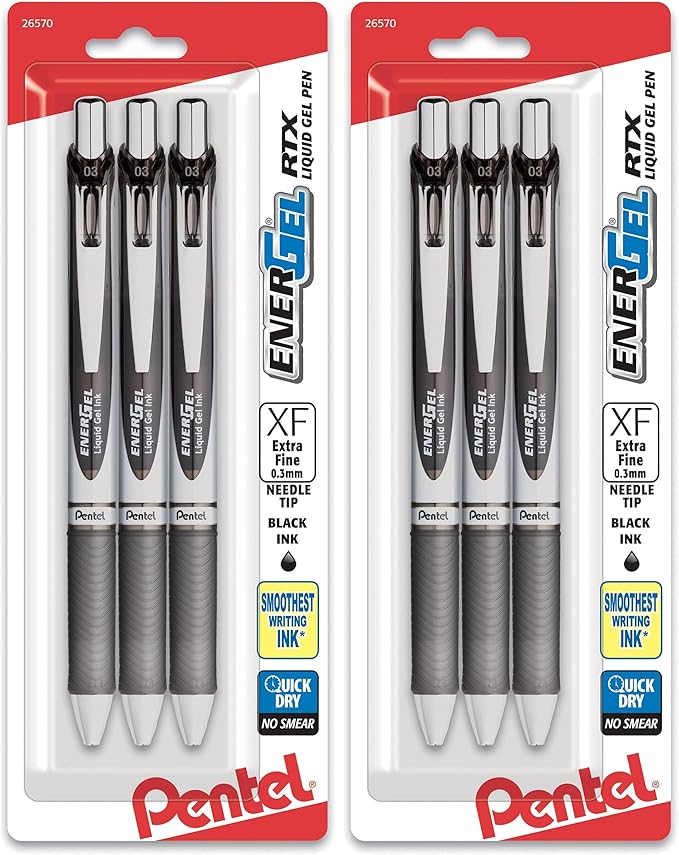 Pentel EnerGel RTX Retractable Liquid Gel Pen,(0.3mm),Extra Fine Line,Needle Tip,Black Ink,(BLN73BP3A),3 Count (Pack of 2)
