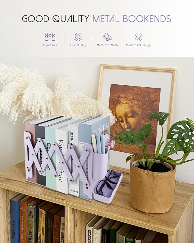 Heavy Duty Bookends Adjustable Book End, Desk Book Holder for Shelves, Book Organizer for Desk, Suitable for Office Home School (19.69 inches Max) (Purple)
