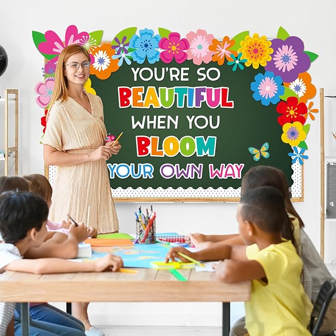 Spring Floral Bulletin Board Bloom Your Own Way Bulletin Board Decorations Inspirational Floral Butterfly Paper Cutouts for Summer School Office Home Nursery Chalkboard Wall Door Supplies