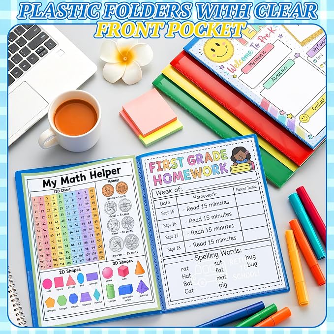 12 Pcs Take Home Folders for Elementary Students,Back to School 2 Pocket Folders with Clear Front Pocket 4 Inner Pockets,Plastic Parent Teacher Communication Folder 11.81 x 9.45 Inch (Mixed Color)