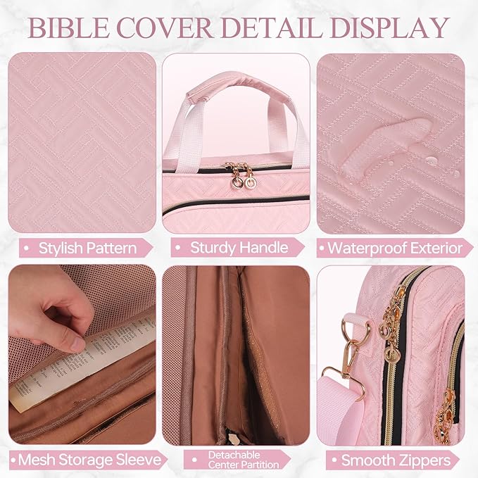 Bible Cover Case for Women Elegant Carrying Bag with Handles & Shoulder Strap Large Bible Storage Bag–Includes Bible Study Supplies, Highlighters(Pink, L)