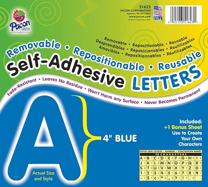 Pacon® PAC51623 Self-Adhesive Letters - Removable, Repositionable, Reusable, 4", Blue, 78 Pieces