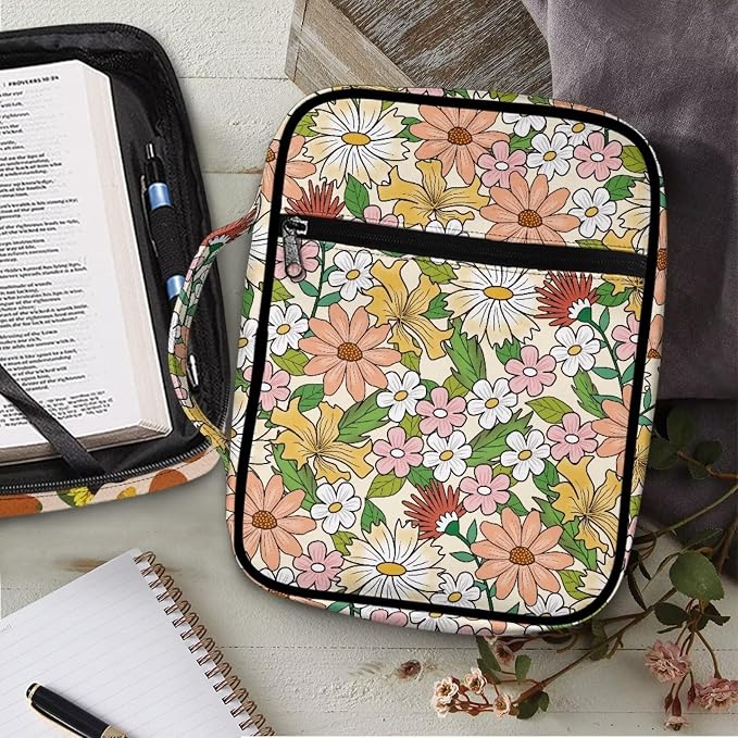 Coldinair Flower Bible Cover for Women Daisy Floral Book Case Tote Bags Hippie Floral Polyester Church Bible Protective with Handle and Zippered Pocket Carrying Book Case