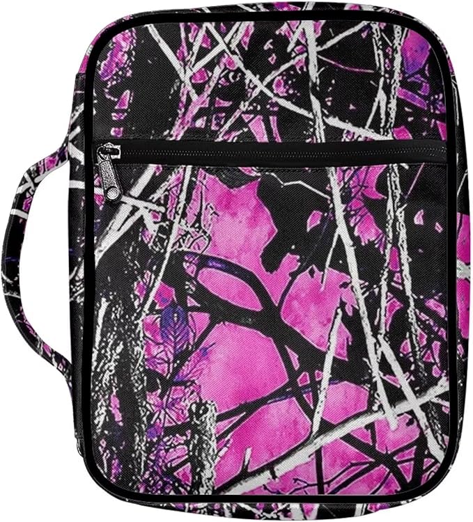 Suobstales Forest Camouflage Bible Cover Bible Case for Women Girls Pink Hunting Camo Carrying Book Cover Church Bag Bible Protective Bag with Handle and Zippered Pocket