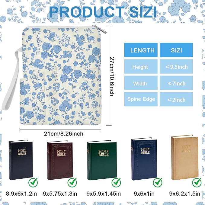 Blue Floral Quilted Bible Bag for Women, Bible Sleeve Cover with Zipper & Pen Pockets, Cute Bible Bag Book Sleeve, Washable Bible Case for Girls, Christian Gift 10x8 Inch