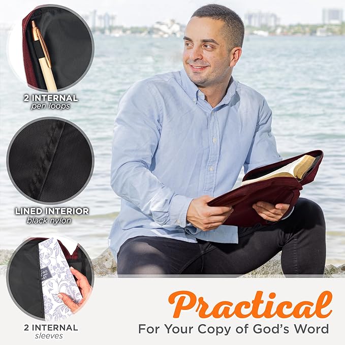 Christian Art Gifts Polyester Bible Cover for Men & Women w/Jesus Fish Patch, Secure Zipper Pocket, Pen Loops, Easy Carry Stationery Book Case, Accessories, Burgundy, XL