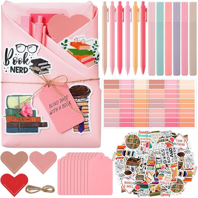 Sabary 6 Set Blind Date with a Book Gift Box Supplies Excluding Books Leather Bookmarks Stickers Kraft Tags Pens Wrapping Papers Mother's Day and Teacher's Day Graduation Book Lovers Club Gifts(Pink)