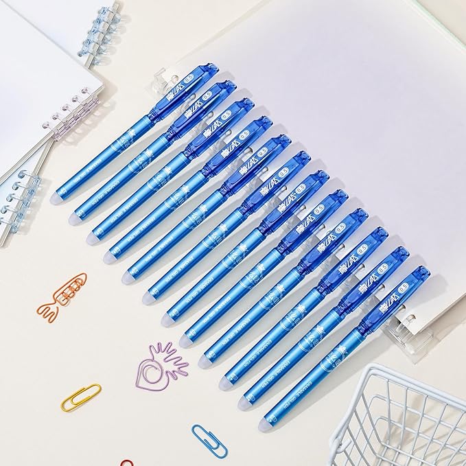 Temiary 12 Pcs Erasable Gel Pens, 0.5 mm Fine Point Heat Erasable Gel Ink Pen, Quick Dry for Writing, Journaling, and Crossword Puzzles, Smooth Writing for School Office Supplies (Blue)