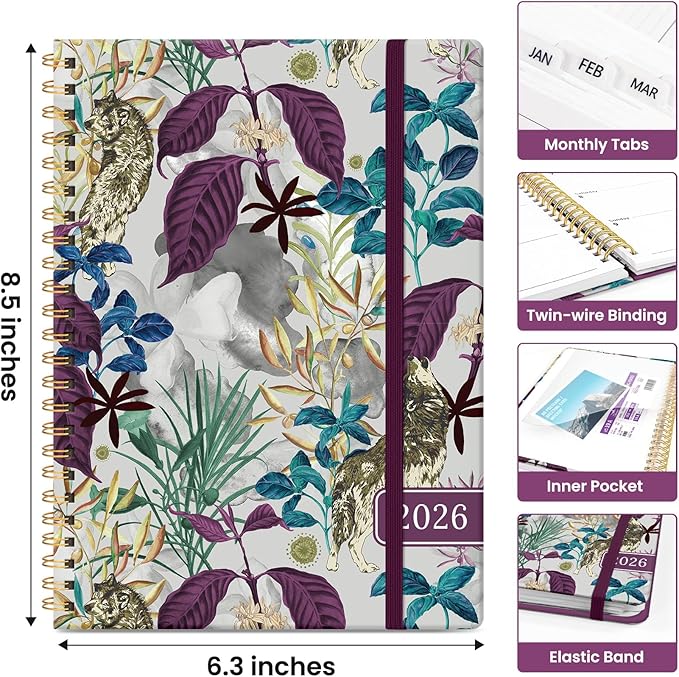 2026 Planner, Monthly and Weekly Calendar Planner for Women, Jan 2026 - Dec 2026, Hardcover Pretty 2026 Agenda Planner Book with Tabs, Spiral Bound, Perfect for School Office Home Supplies, 6.3" x 8.5" - Jungle