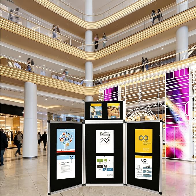 3+1 Panel Trade Show Presentation Board 70.8“ x 35.4” Trifold Poster Board Folding 3 Panel Exhibition Display Boards Double Sided Tabletop Display with Storage Bag Hook & Loop-Receptive Fabric
