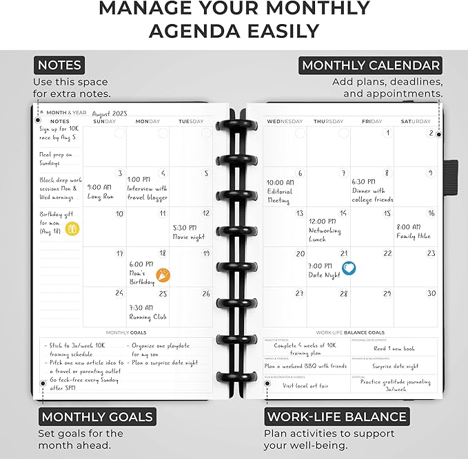Clever Fox Disc-Bound Weekly Planner – Undated Monthly Notebook with Habit Tracker, Productivity Journal – Life, Work & Goal Organizer, 6.5 x 8.4" (Black)