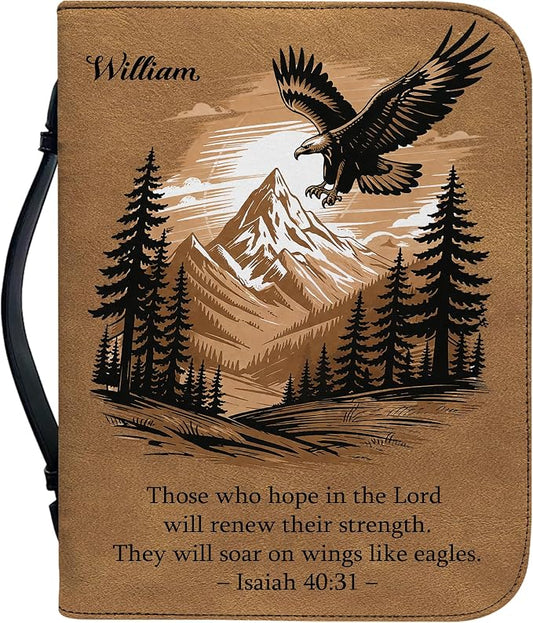 Personalized Man of God Bible Cover for Men, Christian PU Leather Bible Case with Handle Zipper, God Says I Am Warrior Scripture Bible Holder, Religious Gift for Men (Eagle and Bible Verse)