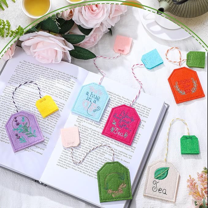Skyygemm 6 Pcs Colorful Tea Bag Bookmarks for Women Tea Party Favors Cute Hand Embroidered Bookmarks Gift for Holiday Mom Women Book Reading Lovers