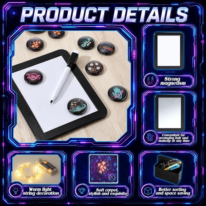 Kingdder 22 Pcs Cyber Theme Locker Accessories Kit Magnetic Refrigerator Magnets Mirror Whiteboard Pen Holder Hook Locker Wallpaper Rug Marker String Light for Back to School Party Decorations