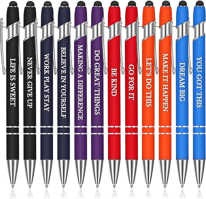 Zonon 12 Pcs Inspirational Pens Gift Set Funny Ballpoint Pen with Stylus Tip Motivational Graduation Gifts Bulk for Teacher Coworkers Nurse School Office Supplies(Rainbow Colors,Classic Style)