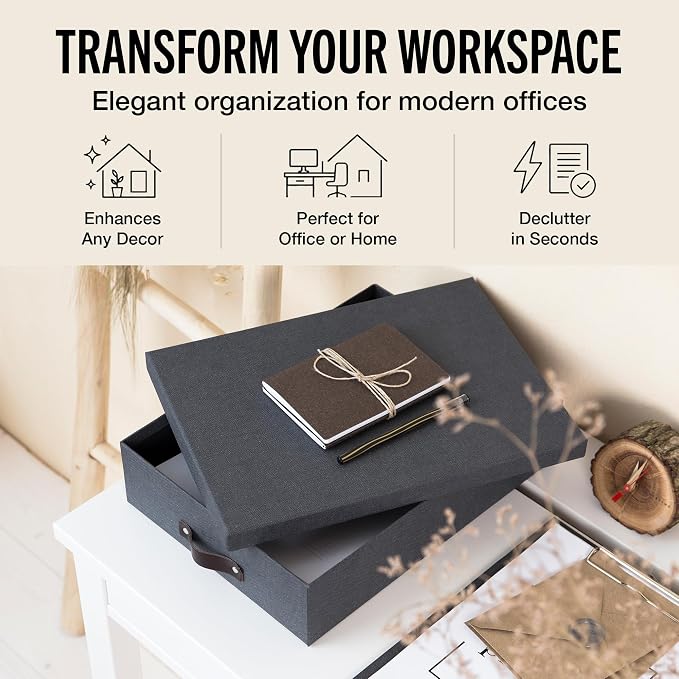 Bigso Oskar Canvas Fiberboard Document Letter Box for Important Paperwork A4 or Letter Size - Durable Keepsake Box with Lid and Leather Handle - 3.3in x 10.2in x 13.8in - Black - 3 Pack