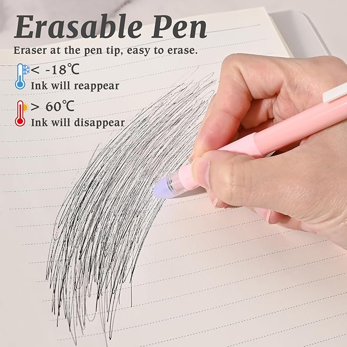 8Pcs Erasable Pens with Erasers, Retractable 0.5mm Fine Point Smooth Writing Black Ink Pen with Eraser, Aesthetic School Office Supplies for Journaling (Black Ink)