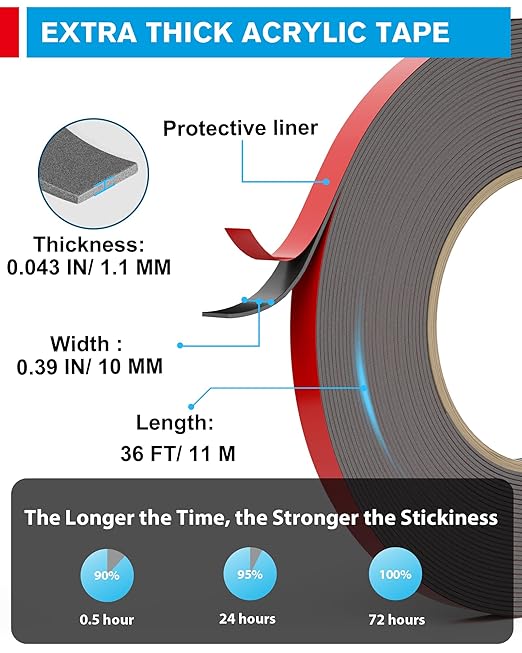 EMITEVER Double Sided Tape Heavy Duty, Tesa Adhesive Mounting Tape Waterproof(2 Pack), 0.39IN x 36FT Strong Acrylic Foam Tape for Walls, Automotive, Home Office Decor