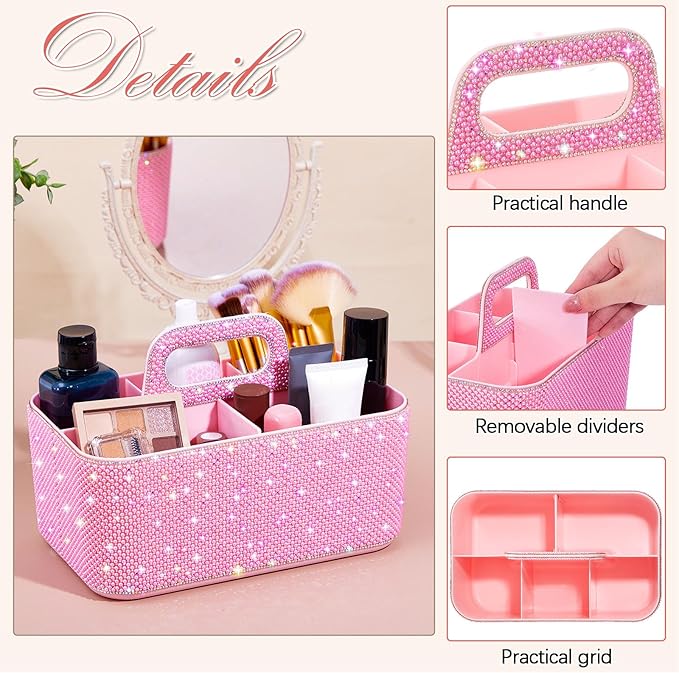 Marspark Bling Makeup Caddy Organizer with Handle, Sparkly Art Craft Holder, Glitter Bathroom Hair Caddy, Shimmer Pen Pencil Holder for Women Desk Organizer, Bling Gifts for Women(Pink,Pearl Diamond)