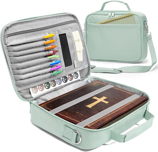 SUNEE Bible Cover for Women, Large Bible Bag w/Shoulder Strap Carrying Book Case w/Pen Slots and Zippered Pocket, Gift for Women & Men, Sage Green
