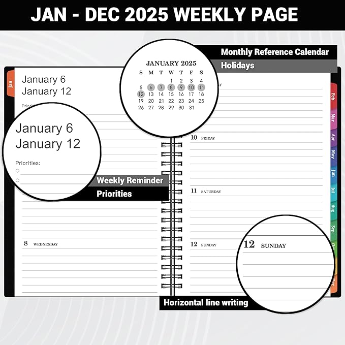 2025 Planner - Weekly Monthly Planner 2025, Calendar Planner from January 2025 to December 2025 with Spiral Bound, Colorful Tabs, 6.4'' x8.5'' - Black