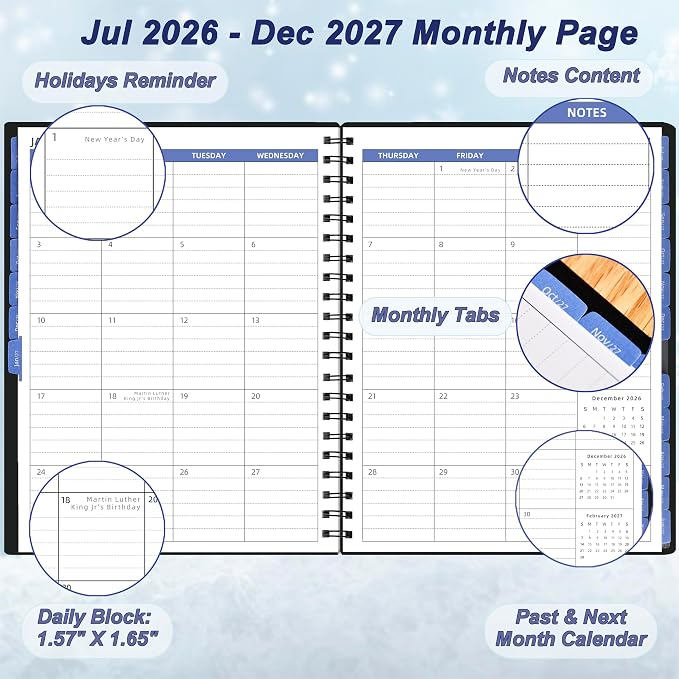 Monthly Planner 2026-2027 (7.4'' x 9.6''), 18 Months Calendar Book from Jul 2026-Dec 2027, 2026 Agenda Planner with Tabs & Pocket, 120GSM Paper, Black