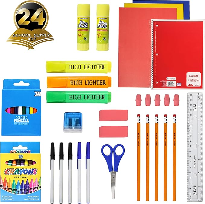 Moda West 50 Piece Bulk School Supplies Kits - Pens, Pencils, Crayons, and More - Value Pack of 24 Kits - Essential Box of School Supplies for Elementary, Middle, and High School Students