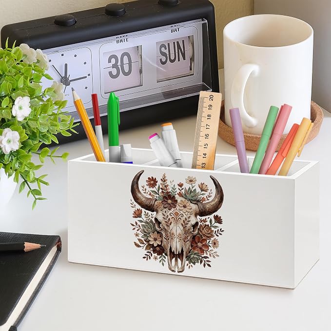 Boho Floral Western Bull Skull Pen Holder, Boho Western Office Pen Pencil Holder Organizer for Desk Accessories, Whimsical Bull Skull Wooden Box Desk Decor for Home Office Desk Decorations