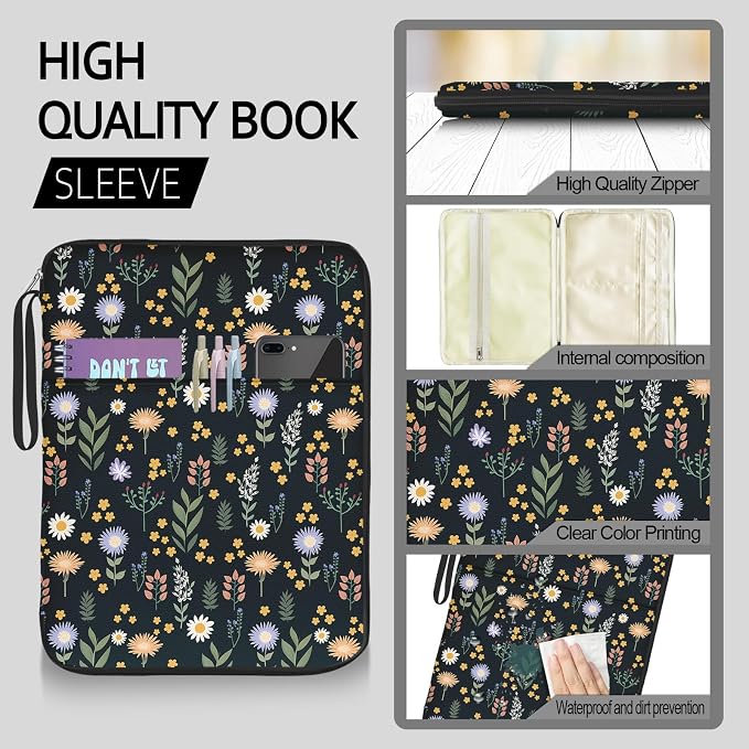Book Sleeve Book Protector Pouch Case,Book Sleeve with Zipper,Book Sleeve Cover for Book Lovers Gifts,Flowers and leaves Printed Waterproof Book Club Gifts for Women Teacher Reader Librarian