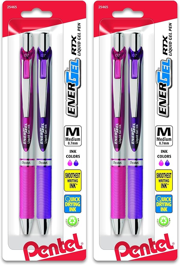 Pentel EnerGel RTX Retractable Liquid Gel Pen,Medium Line,Metal Tip,Pink/Violet Ink,(BL77BP2PV),2 Count (Pack of 2)