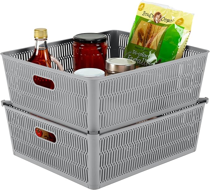 Simplify 4Pk Shallow Slide 2 Stack It Tote Basket | Storage & Organization | Open Bins with Stackable Capability | Bathroom | Crafts | Pantry | Playroom | Office | Grey (KIT-25933-GREY-4PK)