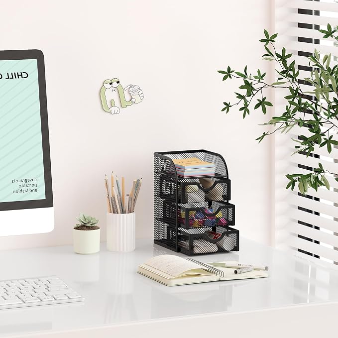 EasyPAG Mesh Desk Organizer with 3 Drawer Office Desktop Organizers and Accessories Stationery Caddy for Office, Home, Students, Black