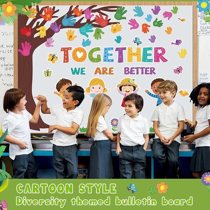 Pasimy Student Diversity Bulletin Board Sets Boho Classroom Decor Rainbow Equality Tree Handprint Cutouts Inclusion Multicultural Bulletin Board for Back to School Wall Door Decorations(Cartoon)