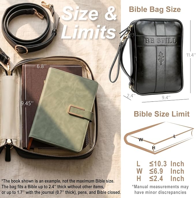 Bible Cover Case for Women, Vegan Leather Bible Carrying Case with Strap and Zipper, Bible Study Kit with Journal, Pens, Tabs and Sticky Notes, Large Bible Bag for Church, Ideal Gift (Black)