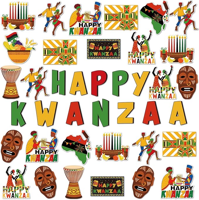68 Pcs Kwanzaa Classroom Bulletin Border Decoration - Happy Kwanzaa Cutouts, Traditional African Giant Drum Mask Flag Map, Giant Candlestick Cutouts for School Chalkboard, Party Wall