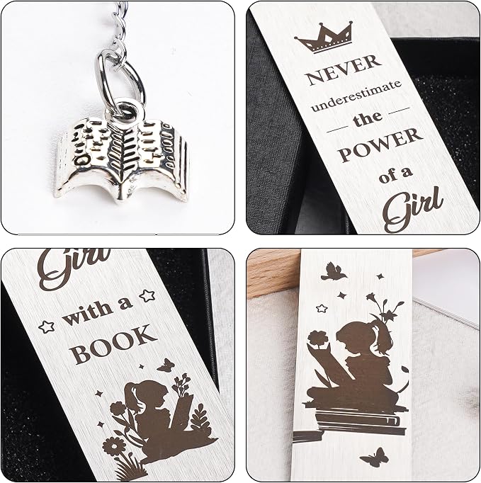 Inspirational Bookmark Gifts for Girls Women - Never Underestimate The Power of a Girl with a Book, Gift for Book Lovers Teachers Friends Readers Students Graduation Birthday Christmas (Silver)