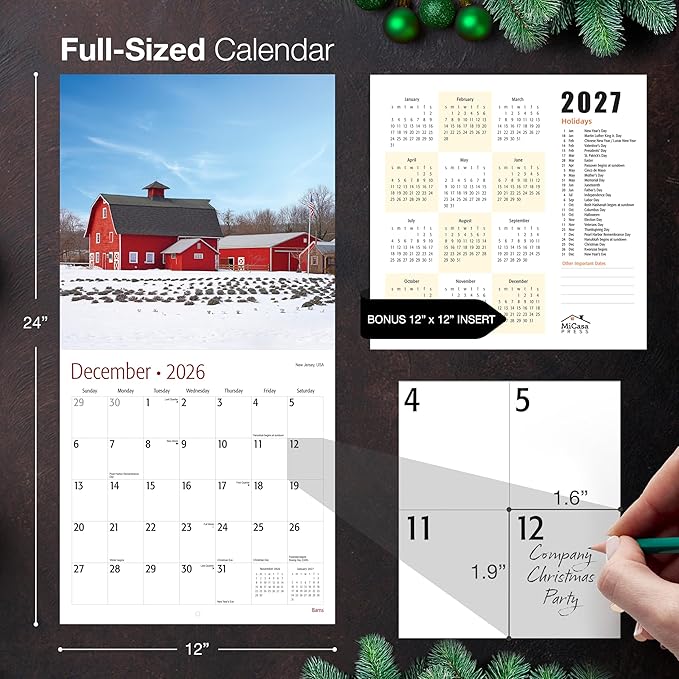 MICASA PRESS Barns 2026 Wall Calendar 12 Month | 12" x 24" Open | Thick & Sturdy Paper | Giftable | Farm Calendar 2026