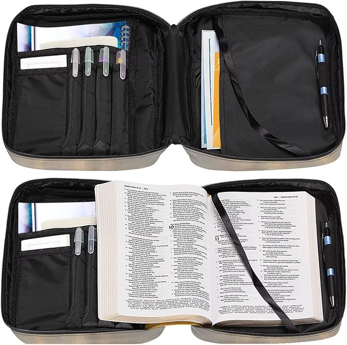 Suobstales Deer Cross Print Bible Cover Portable Carrying Book Case Multi-Functional Bible Case Bible Organizer Case with Handle and Zippered Back Pocket