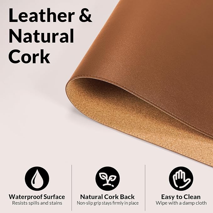 AFIING Leather Desk Mat 35.4" x 17", Brown | Dual-Sided Cork & PU Leather, Large Mouse Pad, Non-Slip & Waterproof
