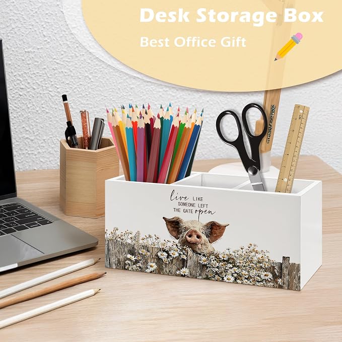 Rustic Pig Pen Holder Organizer, Farmhouse Pig Gifts for Women Girls PigLovers Desk Decor, Live Like Someone Left the Gate Open Wooden Pen Pencil Holders for Vintage Desk Accessories