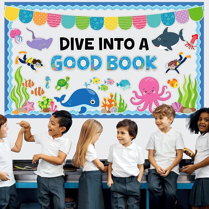 Summer Sea Animal Bulletin Board Decorations Dive into a Good Book Reading Summer Ocean Theme Classroom Back to School Bulletin Board Border Set Ocean Under the Sea Paper Cutouts for School Home Decor