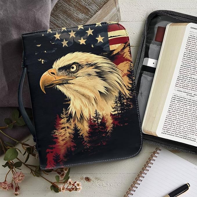 Leather Bible Cover Case for Men,Bald Eagle American Flag Bible Carrying Cases,Bible Covers,Bible Bag,Medium