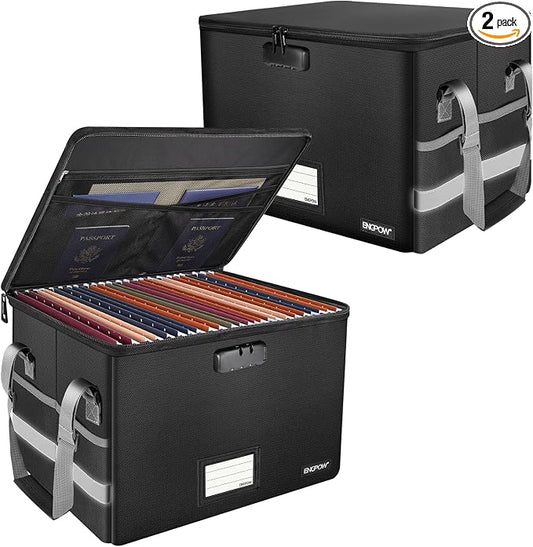 ENGPOW File Box with Lock, Fireproof Document Box with Pockets, Collapsible File Organizer Filing Storage Cabinet with Handle, Portable Home Office Safe for Hanging Letter/Legal Folders,Black,2 Pack
