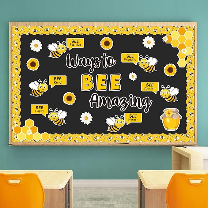 JarThenaAMCS 88Pcs Bee Bulletin Board Decorations Summer Bee Daisy Sunflower Cutouts Inspirational Quotes Name Tags for Back to School Classroom Chalkboard Wall Office Home Decor